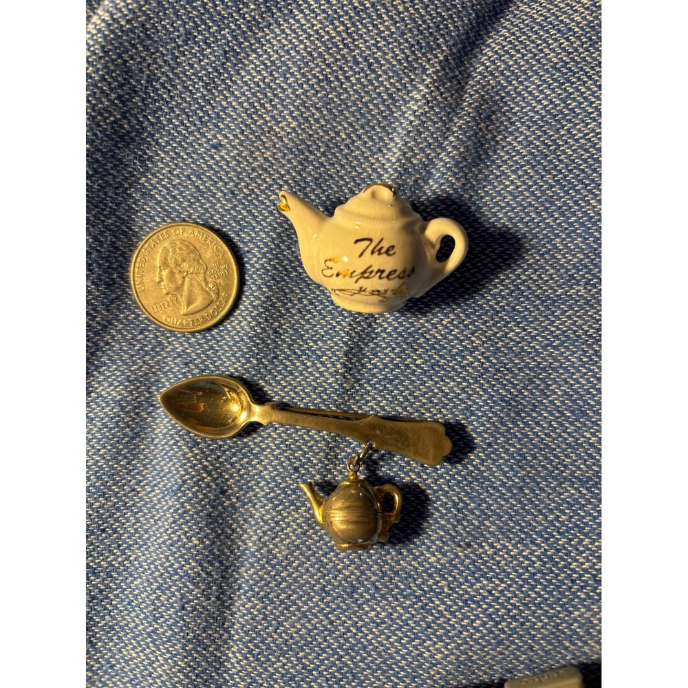 Vintage The Empress Teapot Ceramic Pin and Spoon Teapot Charm Brooch Set